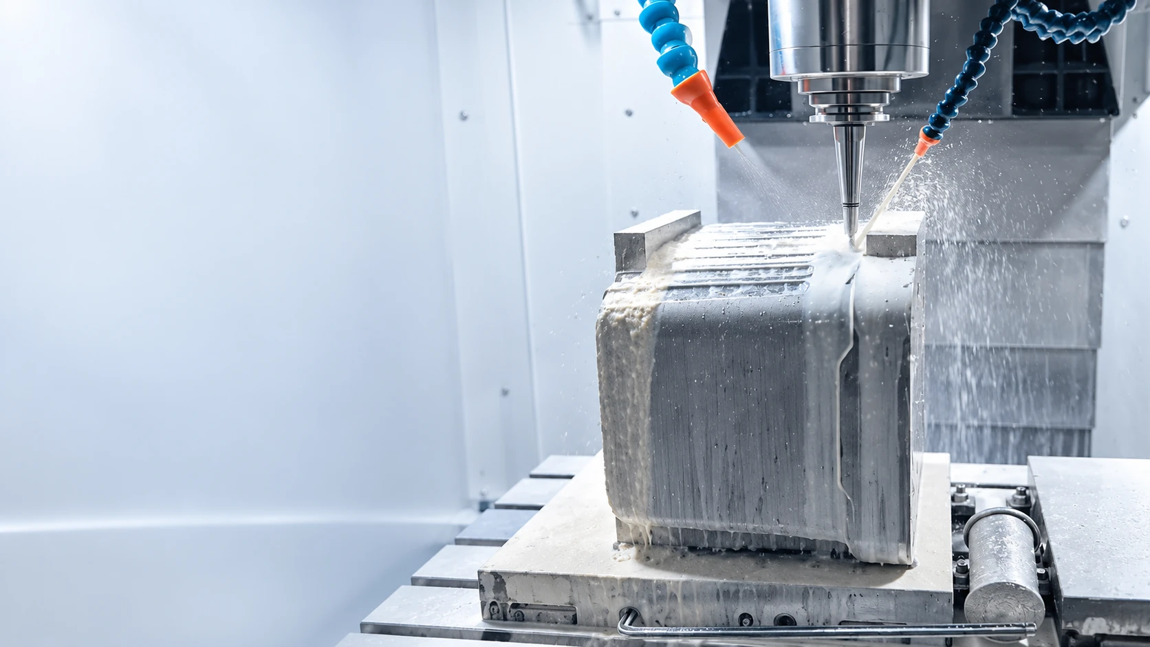 CNC machining of a mold block — a designed presentation based on supplied workshop photographs